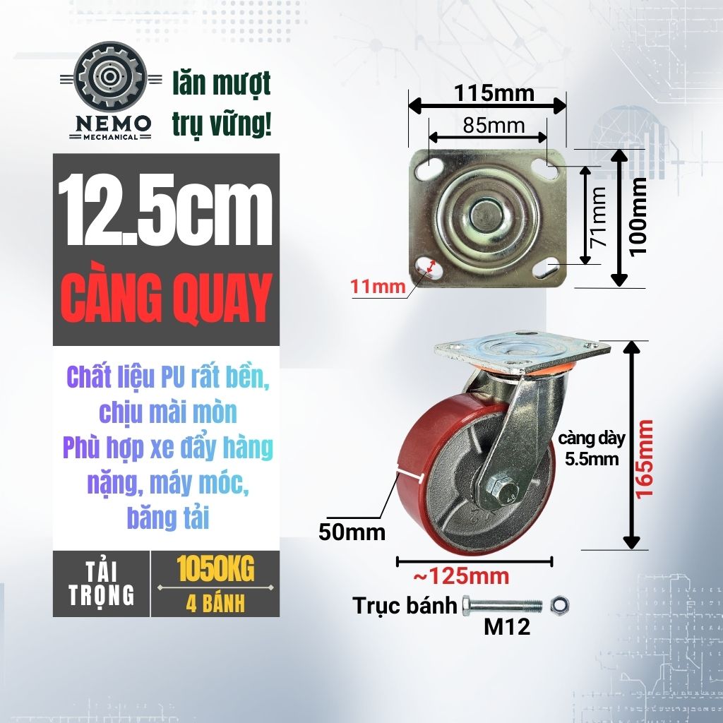 Bánh Xe PU Lõi Sắt Tải Nặng – Khung Càng Thép 5.5mm (D100, D125, D150, D200)